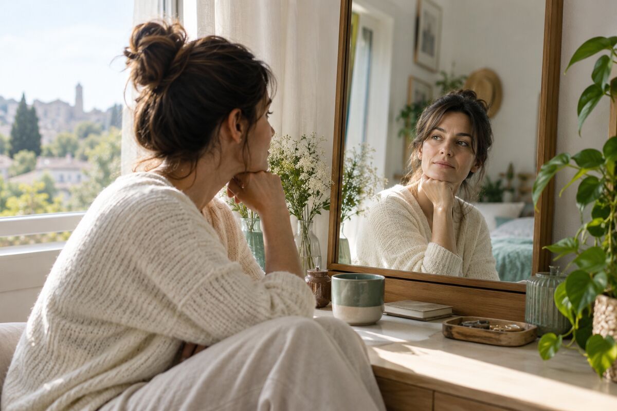 Mujer que siente que después de una pérdida ya no es la misma mientras observa su reflejo