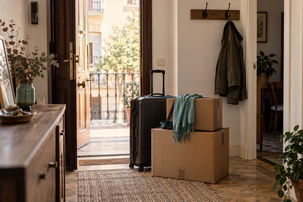 Maleta y cajas junto a una puerta abierta después de una ruptura de pareja