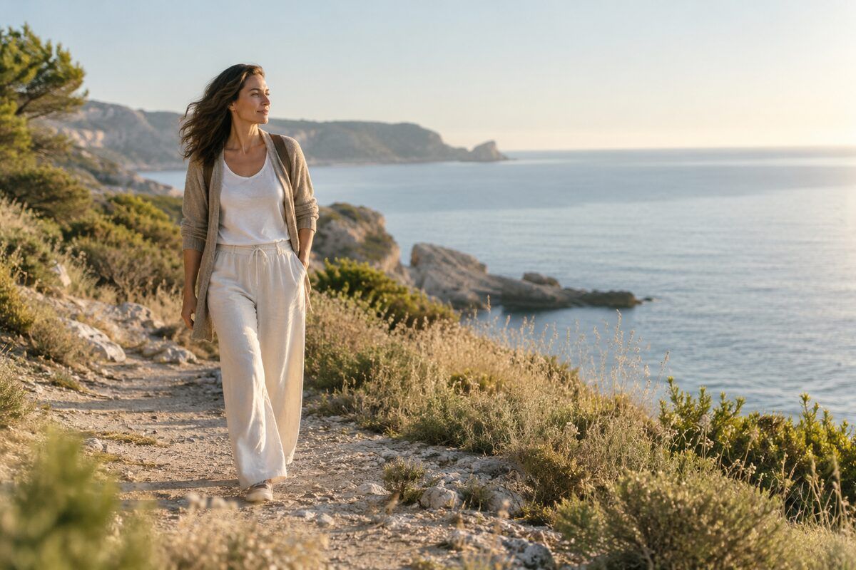 Volver a disfrutar después de una pérdida Mujer caminando junto al mar mientras empieza a volver a disfrutar después de una pérdida